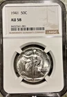 1941 50C WALKING LIBERTY SILVER HALF DOLLAR NGC CERTIFIED AU58 PHILADELPHIA