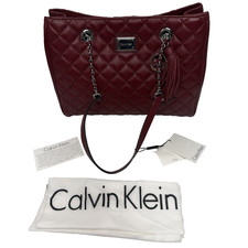 Calvin Klein Quilted Tote Bag Leather Red With Tassel and Chain Straps