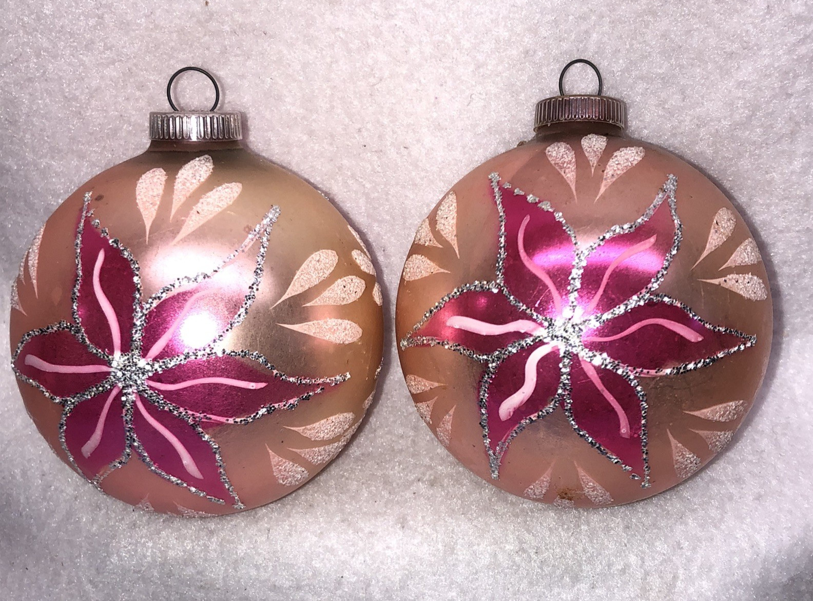2 West Germany DBGM Mica Glitter Plastic Cap Poinsettia Christmas Ornaments Vtg