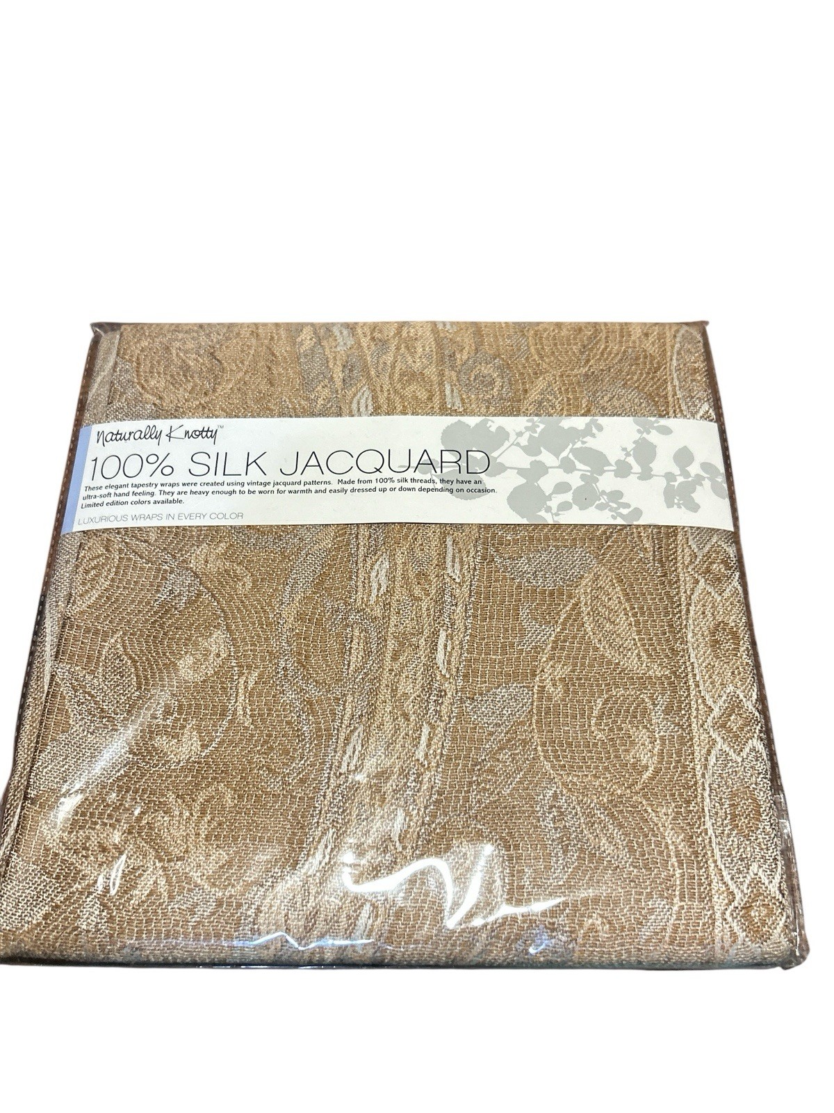 Naturally Knotty 100% Silk Jacquard Wrap Scarf, Beige Paisley NEW