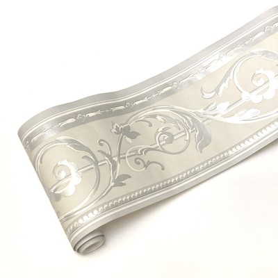 Metallic SILVER Grey Taupe Acanthus Leaf Scroll Wall paper Border 6.75'' Wide