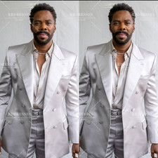 Silk Satin Men's Suit Silver Prom Outfits Double Breasted Banquet Evening 2Pcs