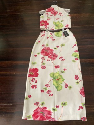 VTG NWT Espirit De Corp Womens 9/10 White & Pink Floral Maxi Skirt & Halter Top