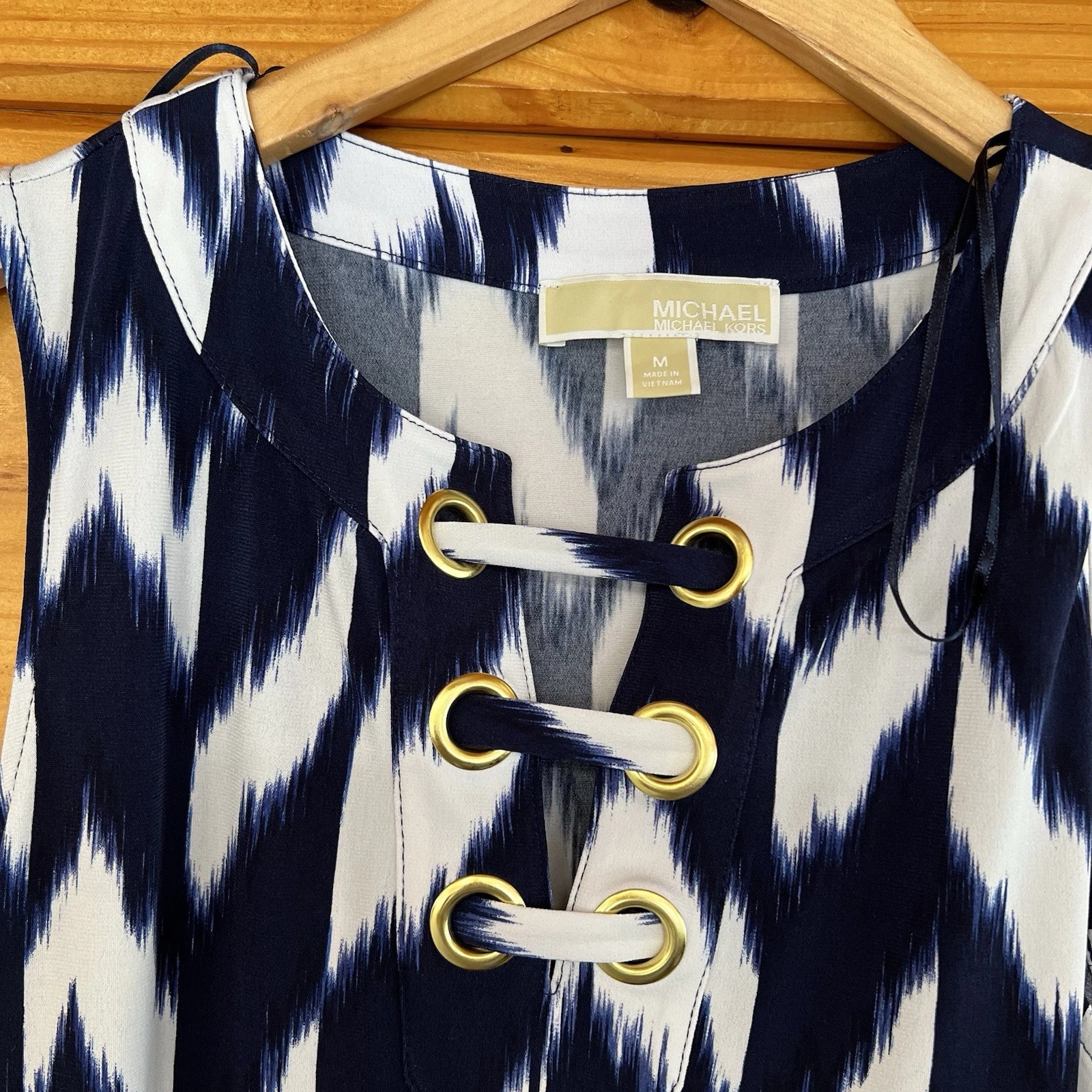 Abito donna Michael Kors blu navy bianco senza maniche elasticizzato dettagli dorati taglia M