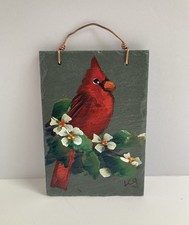 Hand Painted Shingle Art Cardinal Flowers Signed Alabama South Eden Art