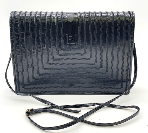 Auth Fendi FF Logo Square Embroidery Black Shoulder Bag NS040810