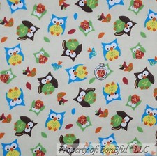 BonEful Fabric FQ Flannel Cotton Quilt Brown Blue Green Yellow OWL Mushroom Bird