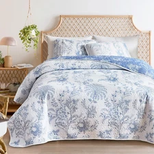 Flysheep Reversible Quilt Set Full Queen Size, 3 Pieces White Blue Botanical Flo
