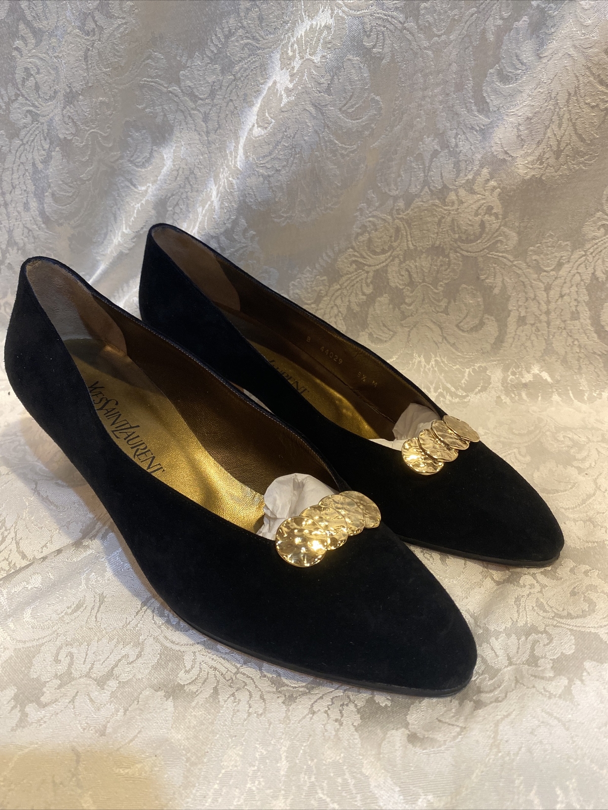 Yves Saint Laurent decolte vintage nere scamosciate tacco accento oro 8 5 M