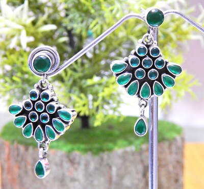Natural green onyx Flower Earring Studs in 925 Sterling Silver Wedding Earring