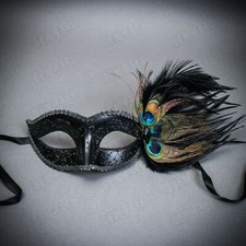 BLACK Venetian Side Peacock Feather Glitter Women Eyes Mask Masquerade Ball Mask