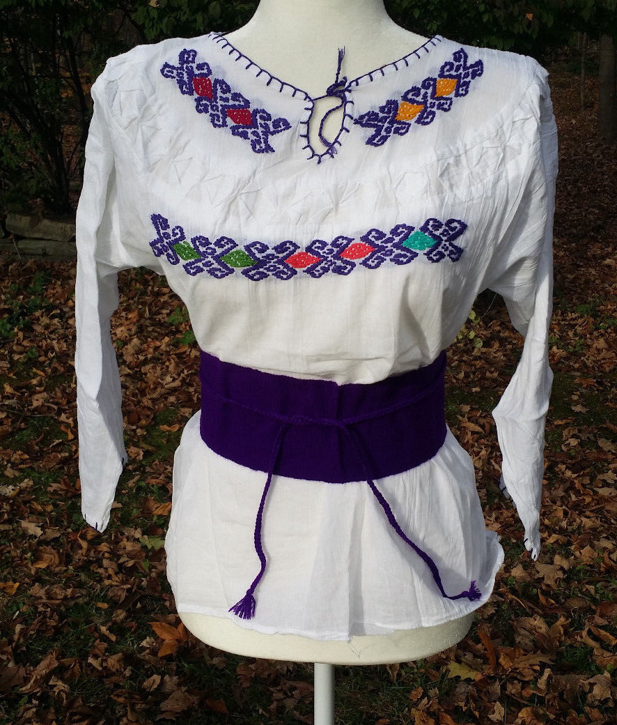 Maya Mexican Blouse w/Belt Faja Top Shirt Embroidered Geometric