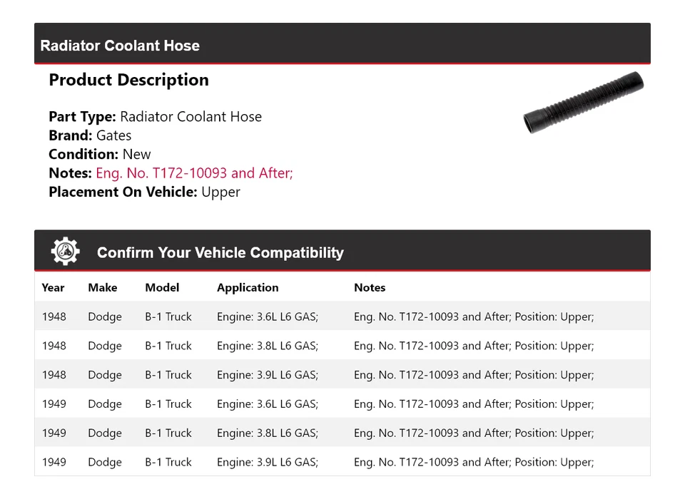Manguera de refrigerante de radiador para camioneta Dodge B-1 1948-1949 puertas superiores Foto 2 de 4