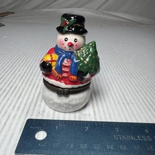 Ceramic Snowman w/ Christmas Tree Hinged Trinket Box Holiday Decor 3.5” Tall