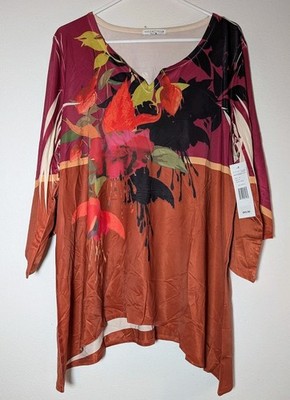 NEW Women's NOTATIONS 2X Multicolor Floral Print V-neck Tunic Top Shirt NWT