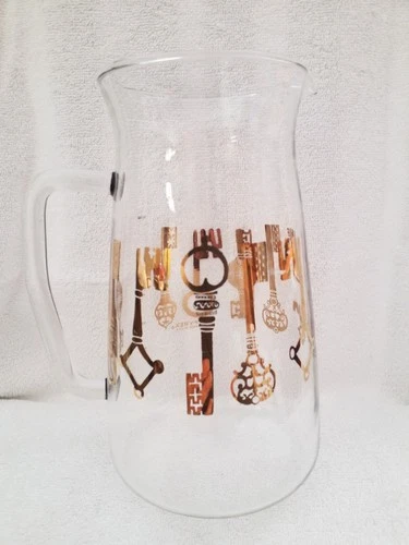 Pitcher Clear Glass Embossed Gold Skeleton Key VTG Pyrex USA 60oz Decanter RARE