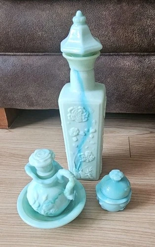 Rare Vintage Decanter with Matching Avon Pitcher and Powder Sachet Set