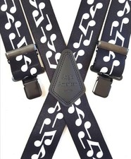 Mens Braces 1.5" Heavy Duty Jazz Music Black White Notes Black Clips Work