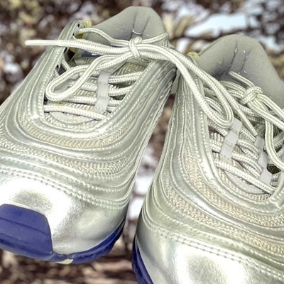 COOL RARE Men's 9.5 NIKE Air Max 97 Silver & Blue Leather Low Top Sneakers EUC