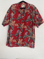 Vintage Paradise Found Hawaiian Shirt Men 2XL Red Button Up Magnum PI Parrots