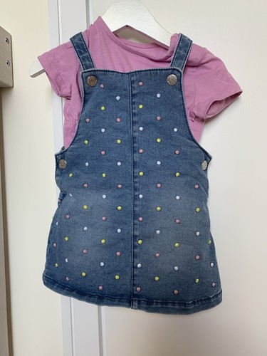 Tesco Flo u0026 Fred Baby Denim Spot Pinafore Dress With Purple T-Shirt 6-9  Months | eBay