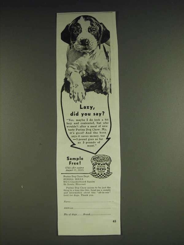 1933 Purina Dog Chow Ad Lazy, did you say?