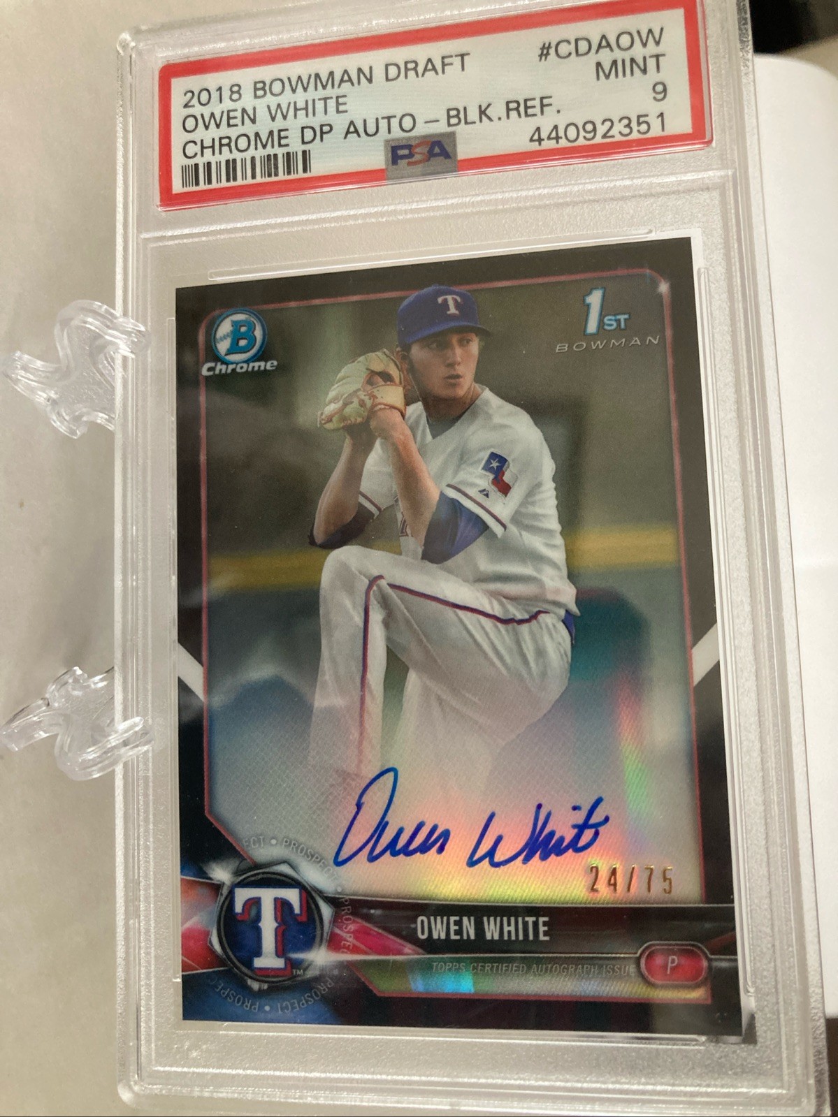 2018 BOWMAN CHROME DRAFT OWEN WHITE #24/75 AUTO BLACK REFRACTOR #CDA-OW PSA 9 view 3