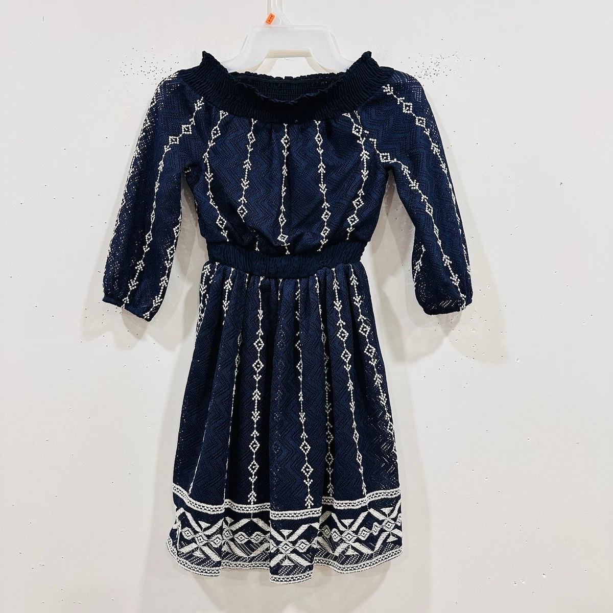 Bloome De Jeune Fille Navy Blue Embroidered Off-Shoulder Girls Dress Size 8