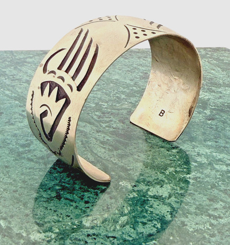 Bear Paw Overlay Cuff Bracelet Sterling Silver signed Billy Slim Native American