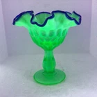 Fenton green opalescent thumbprint compote cobalt blue crest with ruffled rim