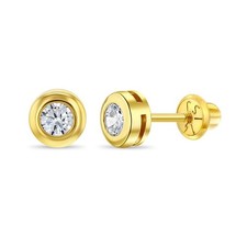 14k Yellow Gold Clear Round Cubic Zirconia Screw Back Earrings For Toddlers a...