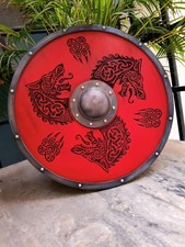 Handcrafted Viking Shield   Red Norse Wolf Round Shield with Metal Boss   Mediev