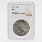 1922 D Peace Silver Dollar MS 62 NGC 90% Silver Denver
