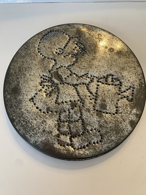 Antique Tin Round Decorative Box with Punched Girl Watering Can Design