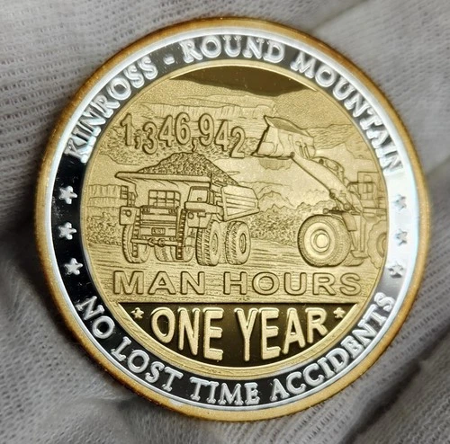 Kinross Round Mountain Gold Gilded "Manhours" 1 Troy Oz .999 Fine Silver Proof