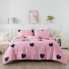 Love Pattern Girls Pink Comforter Set Full Size, Blush Pink Cute Love Heart S...