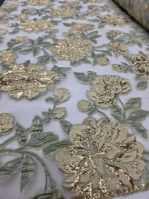 Sage Gold Floral Organza Brocade Fabric Sold By The Yard Textured For Dress Prom - Image 1 of 4