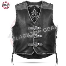 Men's Black Leather Biker Vest Gray Embossed Trim Motorcycle Club Waistcoat