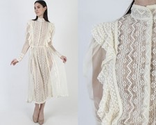 Vtg Gunne Sax Cream Victorian Dress Jessica McClintock Sheer Boho Wedding Gown