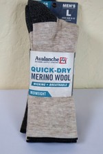 Avalanche Quick-Dry Merino Wool Blend 2 Pack Crew Socks Wicking Size 10 - 13