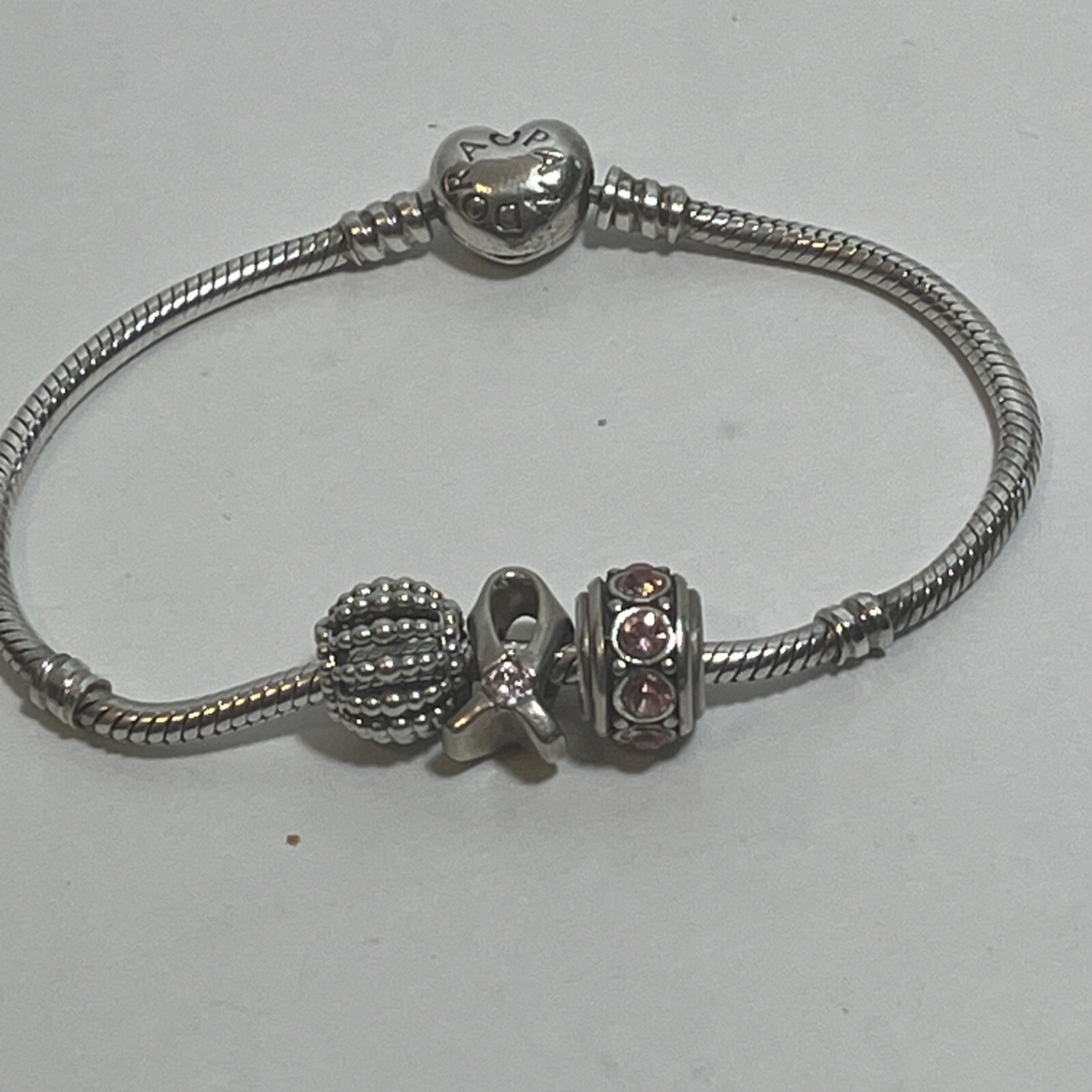 Authentic Pandora Sterling Silver Breast Cancer Charm Bracelet w/Heart Closure