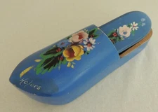 Vintage Painted Wooden Shoe w/Brush Natural Bristles 9" Long Blue w/Flowers