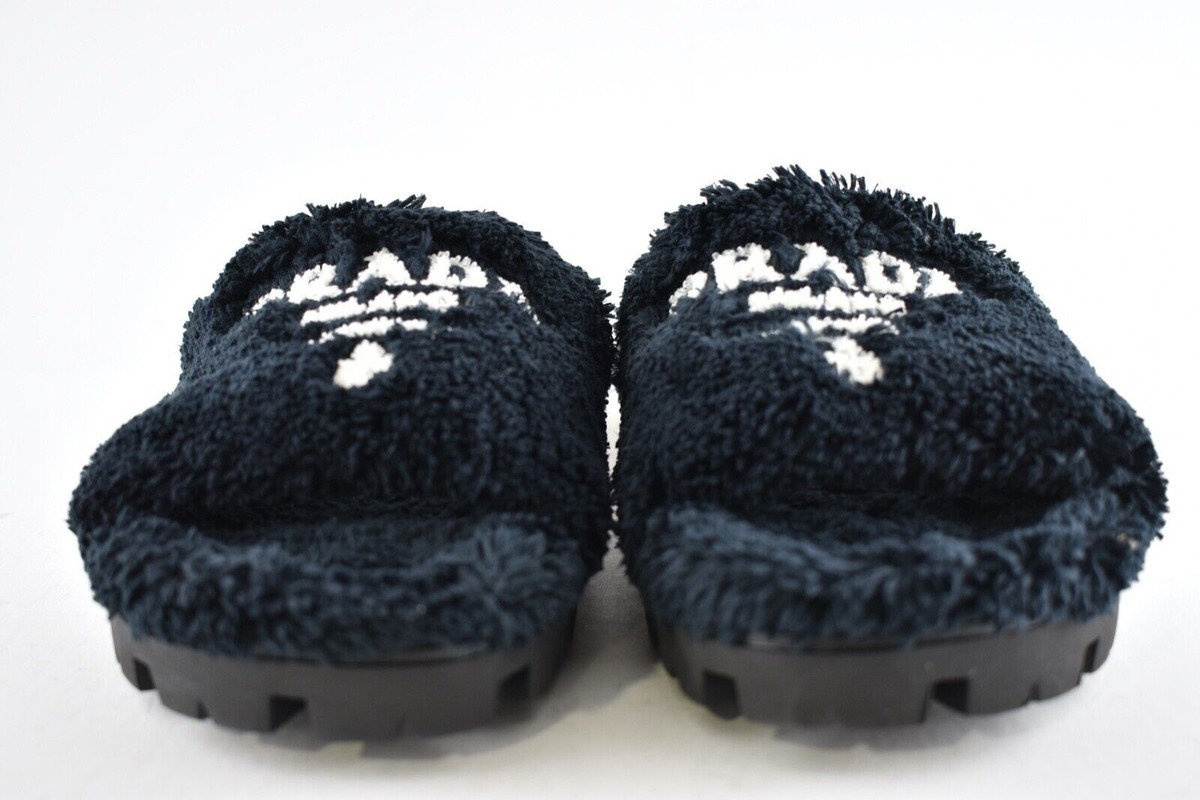 Prada Black Terry Cloth White Logo Slide Sandal Rubber Flip  display picture 1