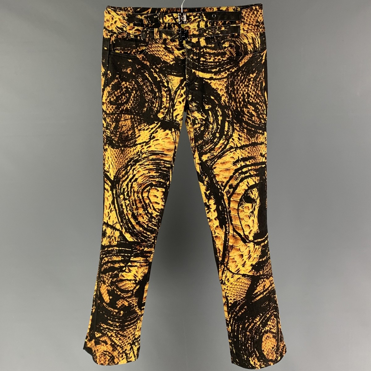 JUST CAVALLI Size 29 Yellow Black Graphic Print Cotton Zip Casual 