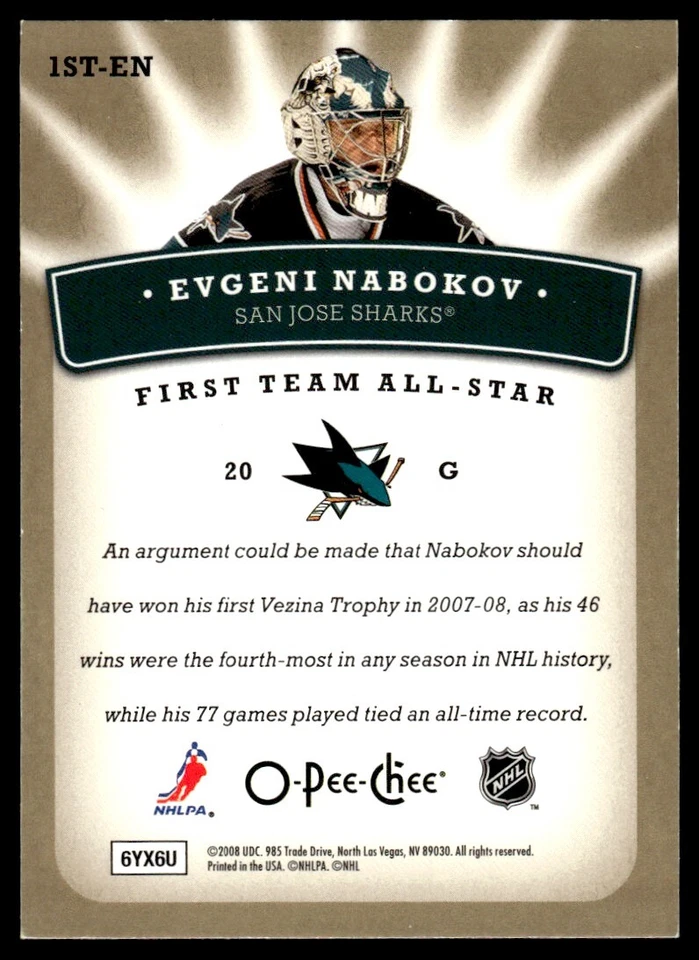 2008-09 O-Pee-Chee First Team All-Stars Evgeni Nabokov San Jose Sharks #1ST-EN - Image 2 of 2
