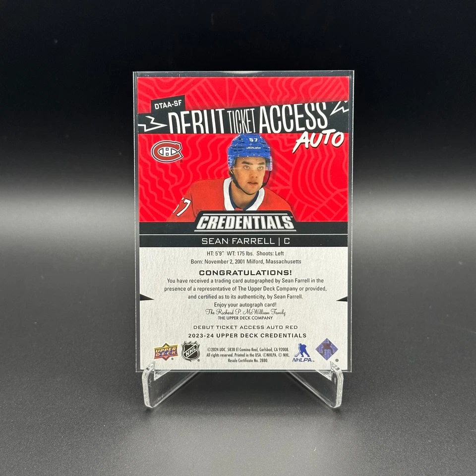 2023-24 UD Credentials SEAN FARRELL #DTAA-SF Debut Ticket Access AUTO Red RC /99 - Image 3 of 4