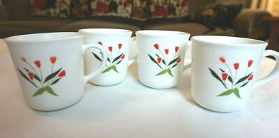 4 Corelle Corning Cups Mugs Casey's Flowers Red Tulips Rare Pattern Coffee Cups
