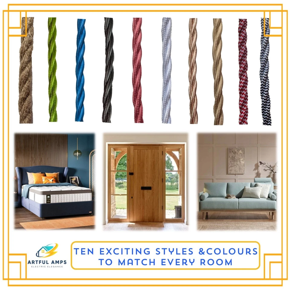 Electric Extension Leads Vintage Style Cable 2m Braided Fabric Twisted Cord - Image 3 of 4