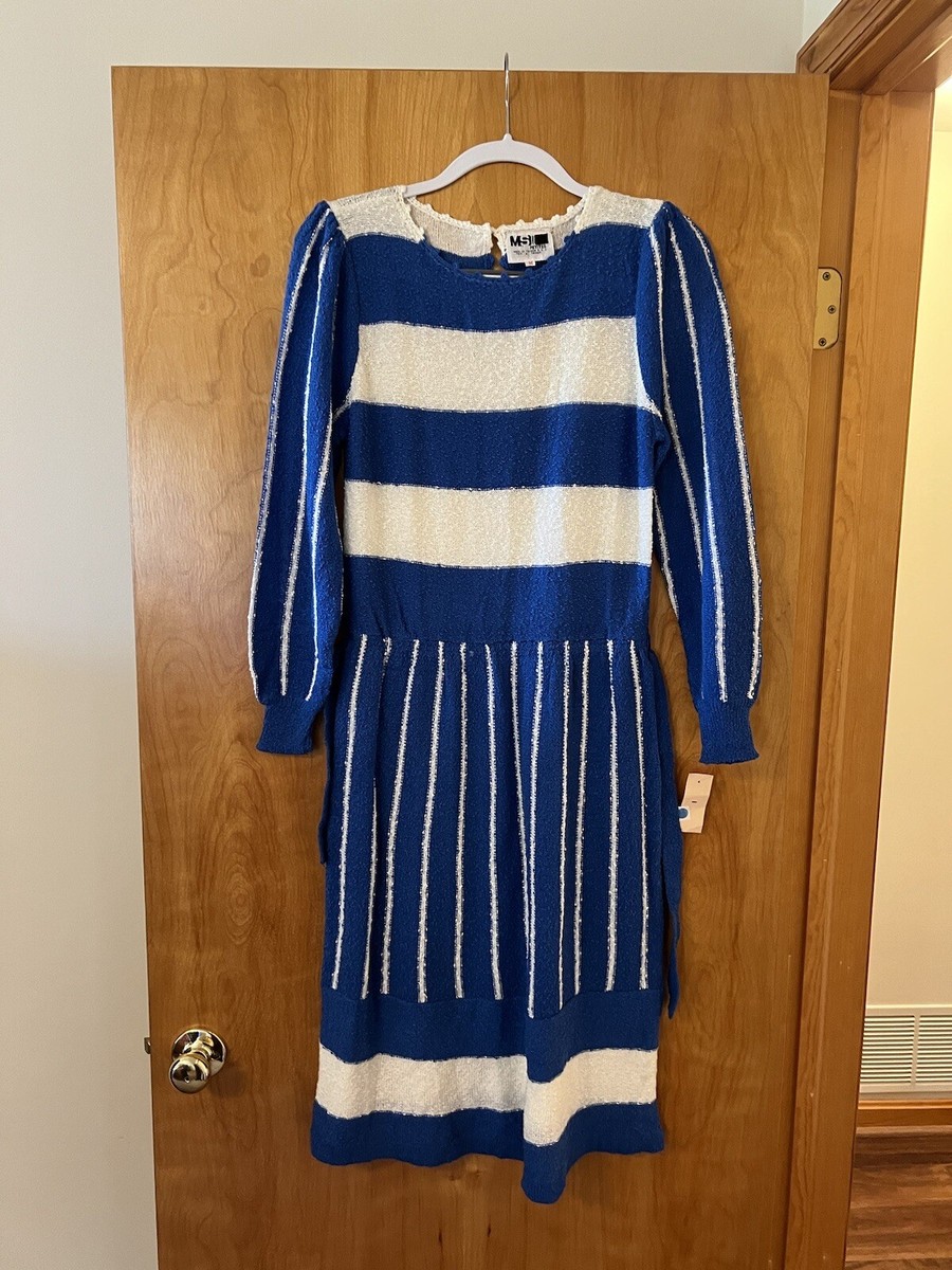 m&s knitted dress MS II Petites Womens Blue Color Block Nubby Knit 70s Vintage Petite Medium Maxi dress