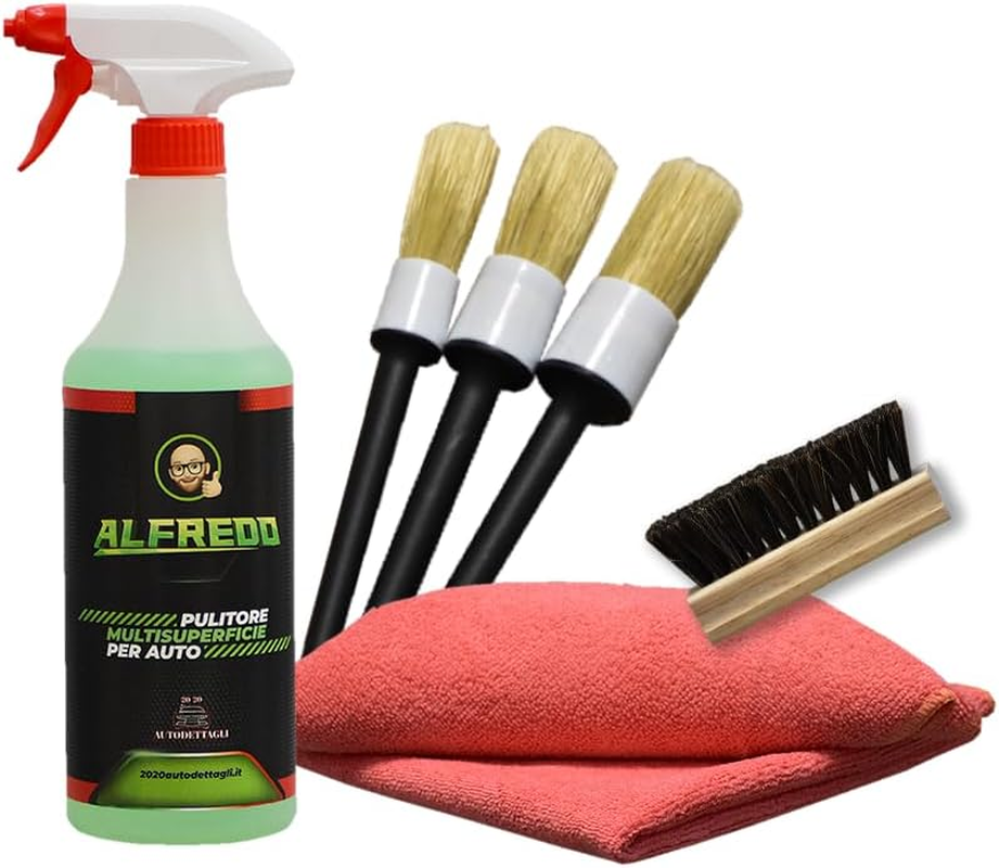 Kit Pulizia Interni Auto Alfredo - Spray 750ml Con Pennelli E Panno Microfibra Per Sedili, Cruscotto E Plastiche